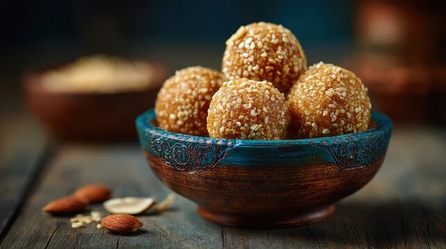 Delicious Indian Til Laddus with Sesame Seeds and Almonds in a Rustic Bowl