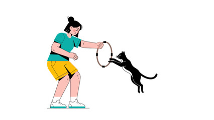 Woman training a black cat to jump through a hoop in a minimalist illustration