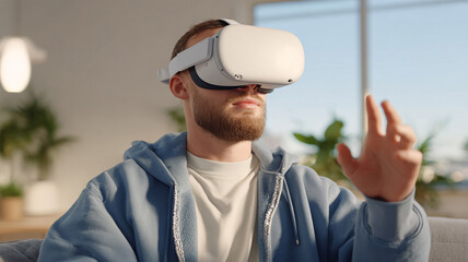 Playing game with VR glasses. Man wearing a virtual reality glasses. Boy with a headset of virtual reality. Innovative technology. On an white background.