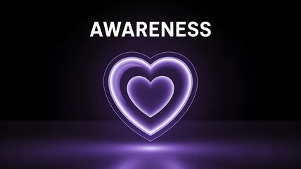 Purple glowing heart with awareness text on dark background