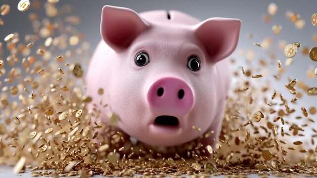 Piggy bank in shock as coins scatter around, showcasing a dynamic scene of financial surprise, with a gradual zoom in capturing the action and emotion of the moment