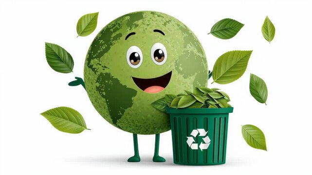 Cheerful cartoon earth character with smiling face, surrounded by floating leaves, stands beside green recycling bin filled with leaves, showcasing environmental awareness, camera pans slightly