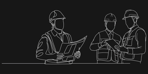 Top view cad drawing set for architectural projects, executive men standing. Construction people in lines project drawing architects and workers editable vector 