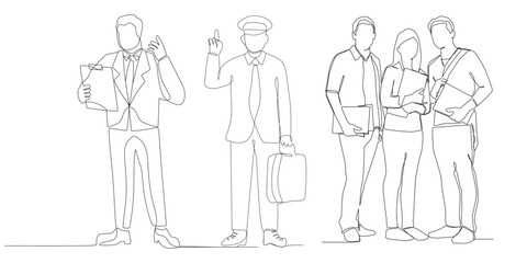 Top view cad drawing set for architectural projects, executive men standing. Construction people in lines project drawing architects and workers editable vector 