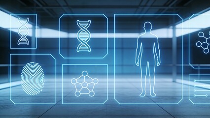 Futuristic digital interface displaying human biology, DNA, and biometric data in a high-tech lab environment.