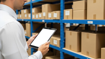 A man using a digital tablet for efficient inventory management in a modern warehouse