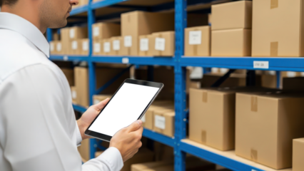 A man using a digital tablet for efficient inventory management in a modern warehouse