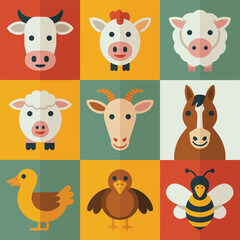 Livestock and poultry farm character icons grid featuring cow pig sheep goat chicken duck bee flat vector illustration