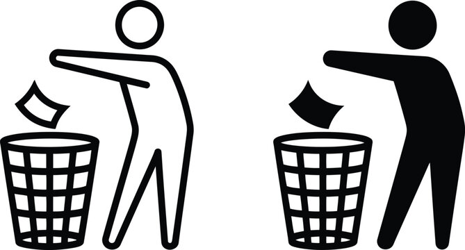 Simple line icons of people throwing paper into trash cans