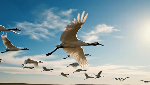 A breathtaking squadron of white cranes glides gracefully across the expansive blue horizon.
