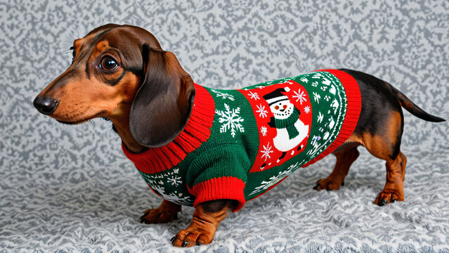 Dackel in gr&uuml;n-rotem Ugly Christmas Sweater mit Schneemann-Motiv