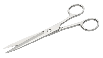Close up of shiny metal scissors with round handles on a white background for cutting purposes
