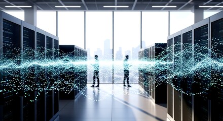 Data center with server racks and glowing data stream, silhouett