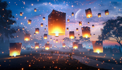 Aerial drone view of city illuminated by thousands of floating Yi Peng lanterns over river