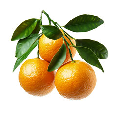 Three fresh Oranges on branch with green leaves on transparent background