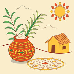 Pongal Festival Vector Illustration with Traditional Pot and Sugarcane