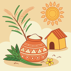 Pongal Festival Vector Illustration with Traditional Pot and Sugarcane