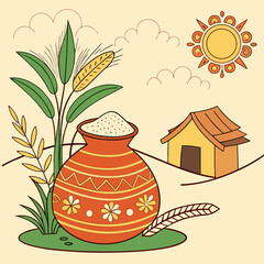 Pongal Festival Vector Illustration with Traditional Pot and Sugarcane