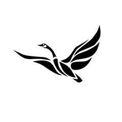 Elegant black and white swan in flight. A graceful, stylized bird design with sweeping wings, perfect for logos, tattoos, or serene nature and freedom themes.