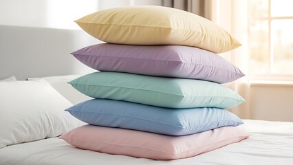 Colorful Stack of Pillows on Bed in Cozy Bedroom