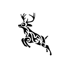 Graceful black and white deer in motion. A stunning tribal-style stag silhouette with intricate swirl patterns, perfect for logos, tattoos, or nature-themed designs.