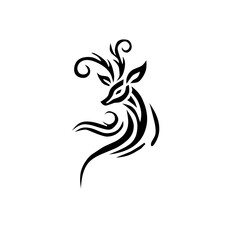 Naklejka premium Stylized black deer/stag silhouette in dynamic tribal art style. Features elegant curves, swirling antlers, and a striking, flowing shape for tattoos or logos.