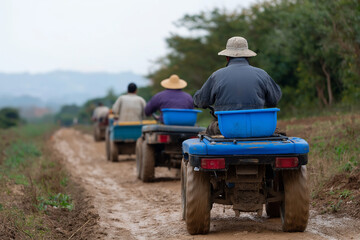 Obraz premium Farmers riding ATVs along a dusty country road, showcasing the hardworking spirit of agriculture and the rugged beauty of rural life in a peaceful setting.