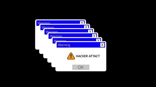 motion animation of a web browser window with hacker attact warning alert on a green background.