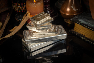 Top view of vintage treasure room with silver bars