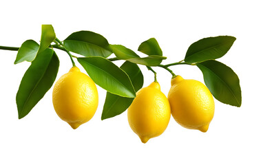 Ripe yellow lemons hanging from a lemon tree branch with glossy green leaves, isolated on transparent background 