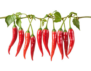 Fresh red chili peppers with large shiny branches hanging down, isolated on a white background.