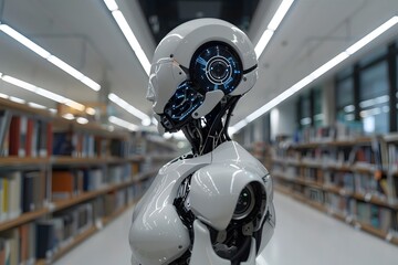 Fototapeta premium A sleek robotic figure is positioned in a contemporary library, surrounded by shelves filled with books. Bright lights illuminate the high-tech structure, emphasizing its design and innovation