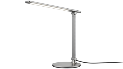 Modern silver desk lamp with adjustable arm and round base on white background