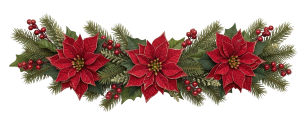Christmas poinsettia garland with berries and pine needles transparent background cutout png
