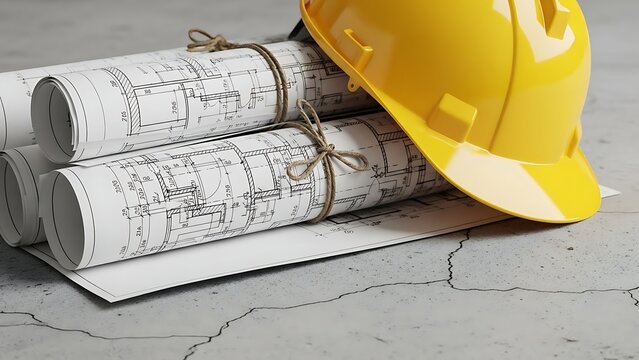 Construction Plans and Hard Hat on Concrete Surface