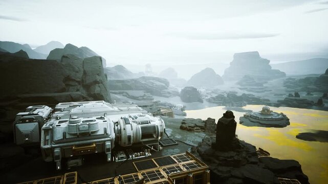 futuristic mining colony by yellow river, mistshrouded mesas and industrial modules frame remote outpost hulking vessels and platform structures dot amber