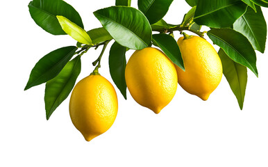 Ripe yellow lemons hanging from a lemon tree branch with glossy green leaves, isolated on transparent background 