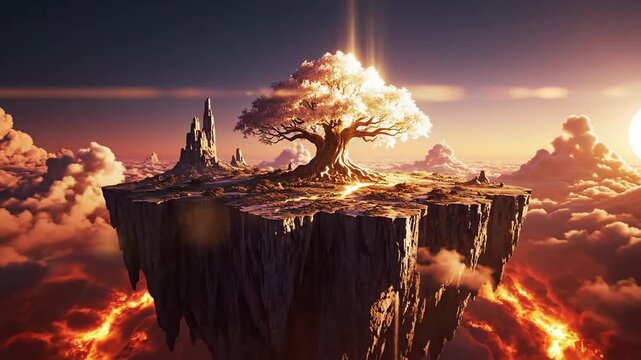Floating Island With Glowing Tree Amidst Sunset Cloudscape And Volcanic Landform