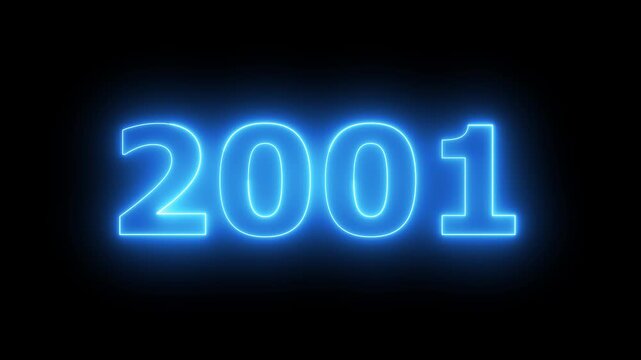 Glowing neon 2001 Happy New Year text with clean neon outlines and subtle. important year, important date 2001. Educational mathematics 2001 animation on background...