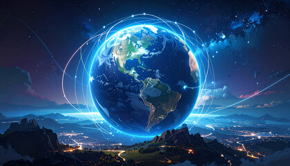 Global Network - Earth Surrounded by Digital Connections and Data Flow.