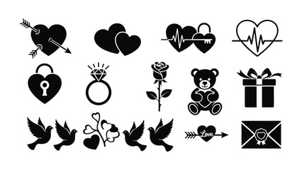 Collection of cute black and white love icons for valentine's day and romantic themes