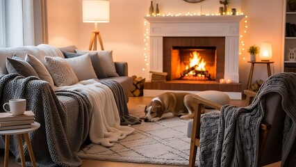 Cozy Living Room with Fireplace and Dog Relaxing