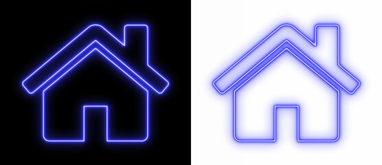 Blue neon house icon glowing on black and transparent backgrounds, bright home outline symbol for real estate, property, and UI design