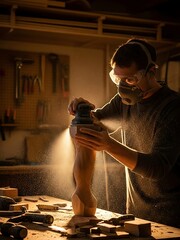 Craftsman Sanding Wooden Sculpture in Workshop