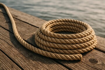 Fototapeta premium Coiled Hemp Rope on Rustic Wooden Dock with Calm Water Background and Nautical Texture