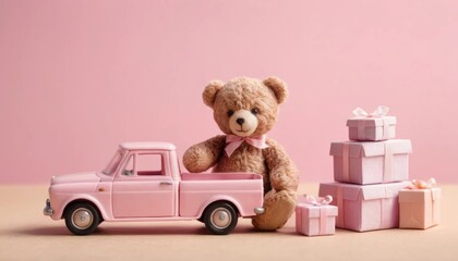 Teddy bear sitting next to pink toy truck and wrapped gifts for Valentine's Day Generative AI