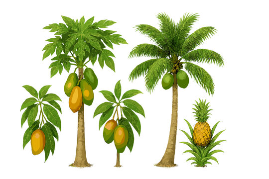 Tropical fruit trees with mangoes, coconuts, pineapple on white background
