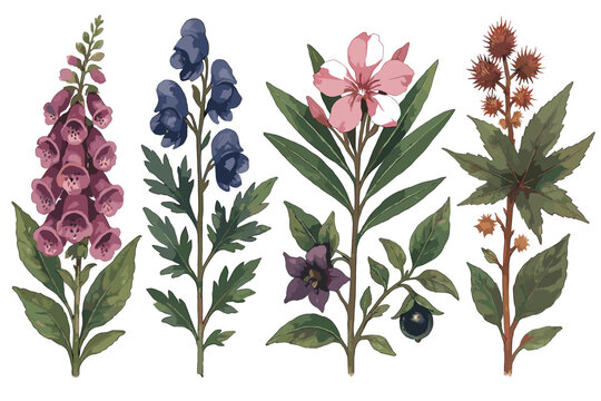 Collection of poisonous plants: foxglove, monkshood, oleander, belladonna, castor bean
