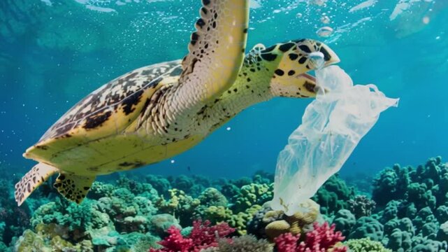 Sea turtle swimming underwater with plastic waste, powerful marine pollution concept showing ocean contamination threat to wildlife, environmental damage, conservation awareness and ecology crisis.