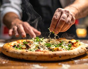 Chef's hands sprinkling grated cheese onto a steaming hot freshly baked artisan pizza